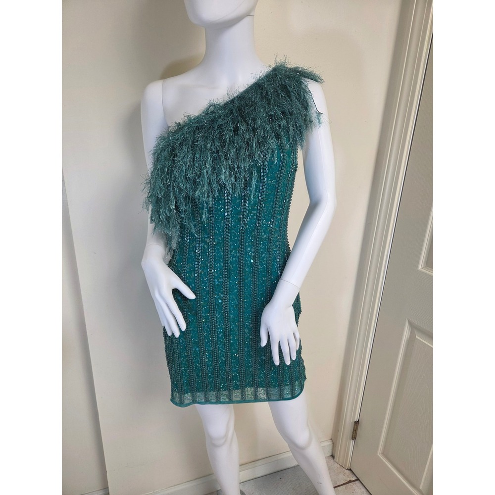 ASOS LUXE One Shoulder Mini Dress Teal Green Beaded Sequin Embellished Size 6